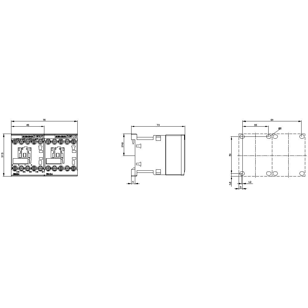 Technical drawing of a device from front, side, and top views. Measurements and specific dimensions are given in millimetres.