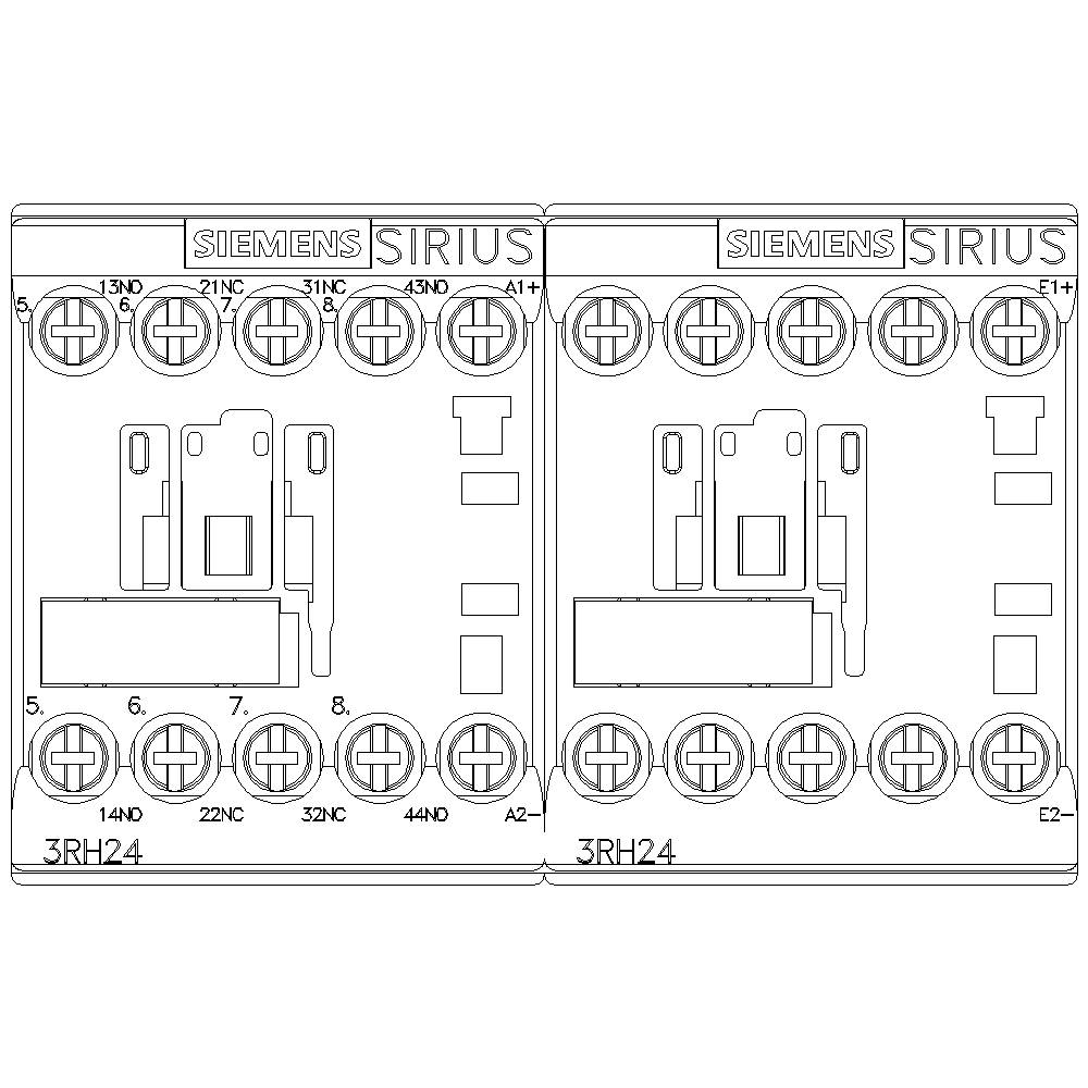 'Siemens Sirius 3RH24 control relay diagram with connection labels and switching contacts. Shows two relays side by side.'