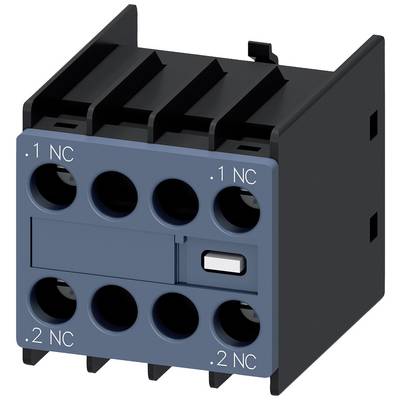 A blue electrical switching device with multiple connection openings and a white switch in the centre. Markings '.1 NC' and '.2 NC'.