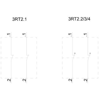 A diagram shows the electrical circuit of two contactors: on the left 3RT2.1 with one switch, on the right 3RT2.2/3/4 with two switches.