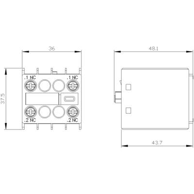 Technical drawing of a relay, front and side view, with dimensions: Height 37.5 mm, Width 36 mm, Depth 48.1 mm. Connections: 1 NC, 2 NC.
