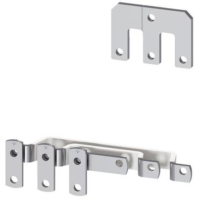 Metal hinges in two views: Above, a simple, drilled plate; below, a mounted unit with multiple joints.