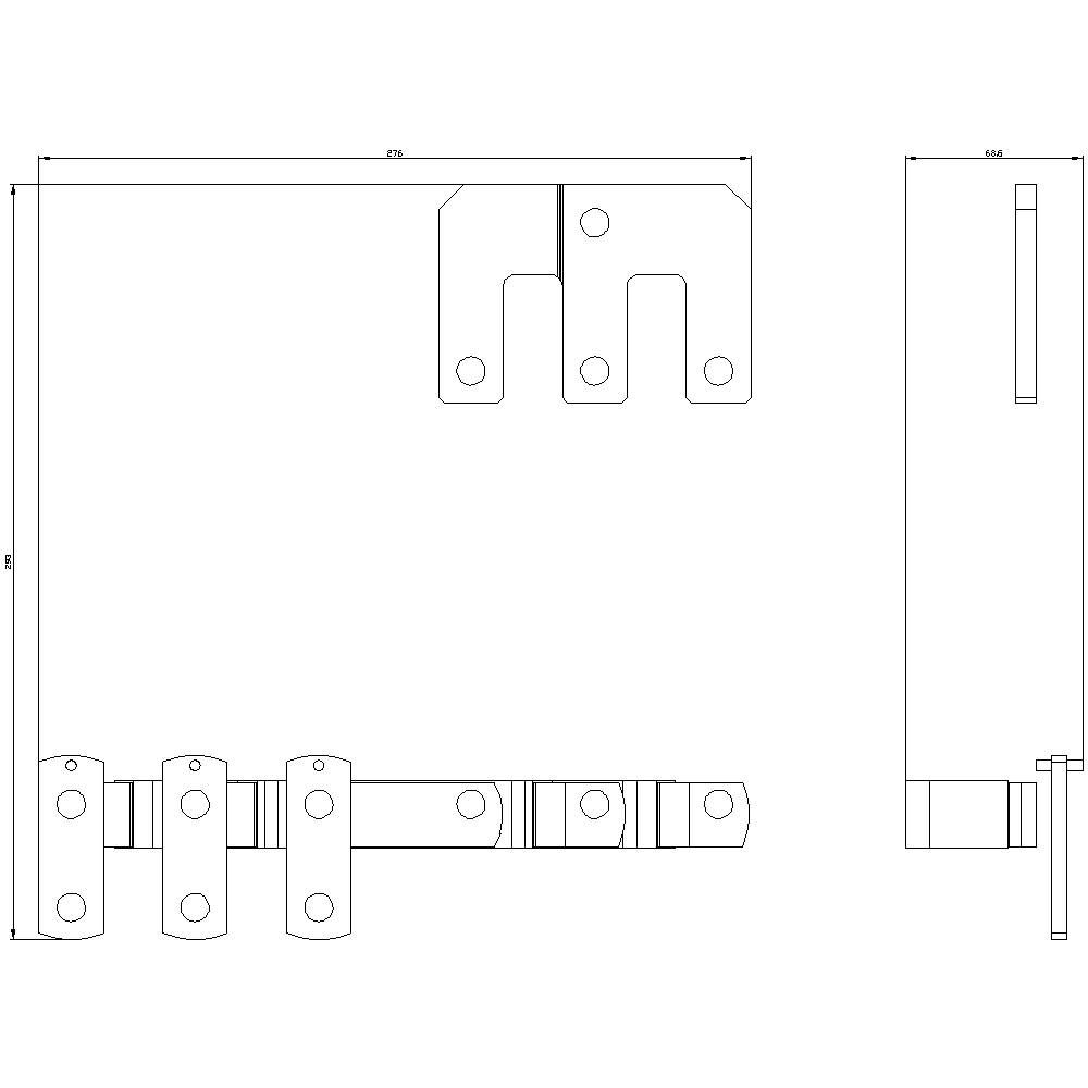 Technical drawing of a hinge construction with dimensions in millimetres. Shows three views: front view, side view and top view.