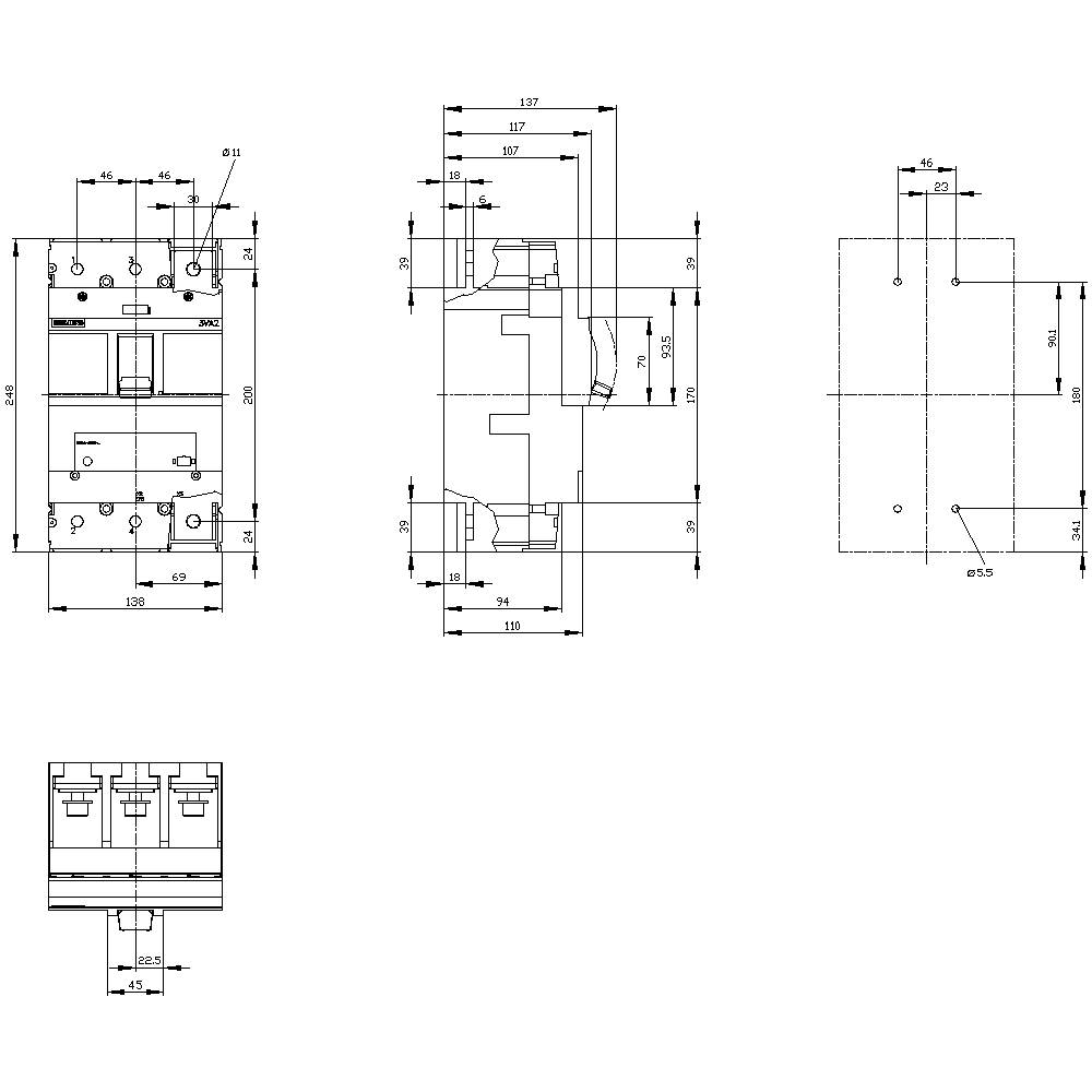 Technical drawing of a component with dimensions in millimetres. Shows various views and detailed construction specifications.