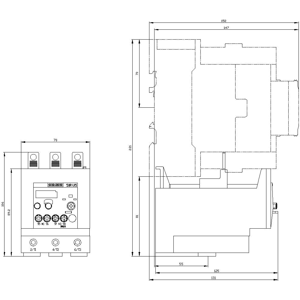 'Technical drawing of an electrical contactor with dimensions. Front and side view, including switching electronics and connection terminals.'