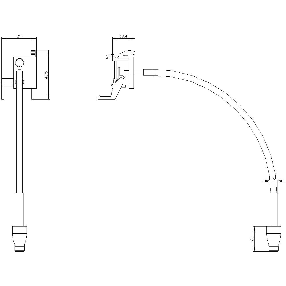 Technical drawing of a cable with plug connection and mounting components. Detailed measurements are shown.