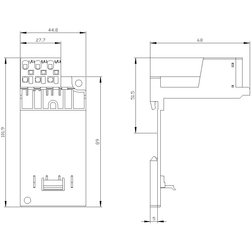 Technical drawing of an electrical component with multiple dimensions in millimetres, left and right views.