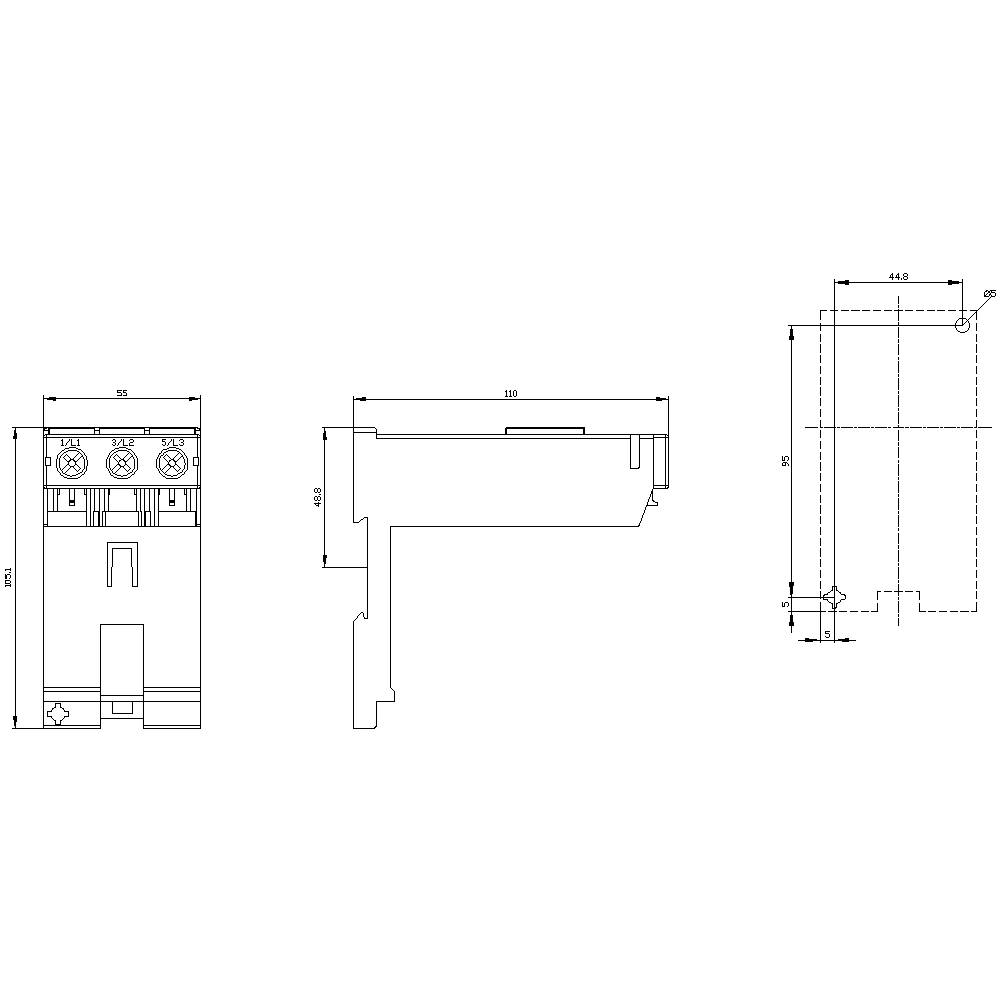 Technical drawing of a component with three views: front view, side view, and top view. Dimensions and sections are indicated.