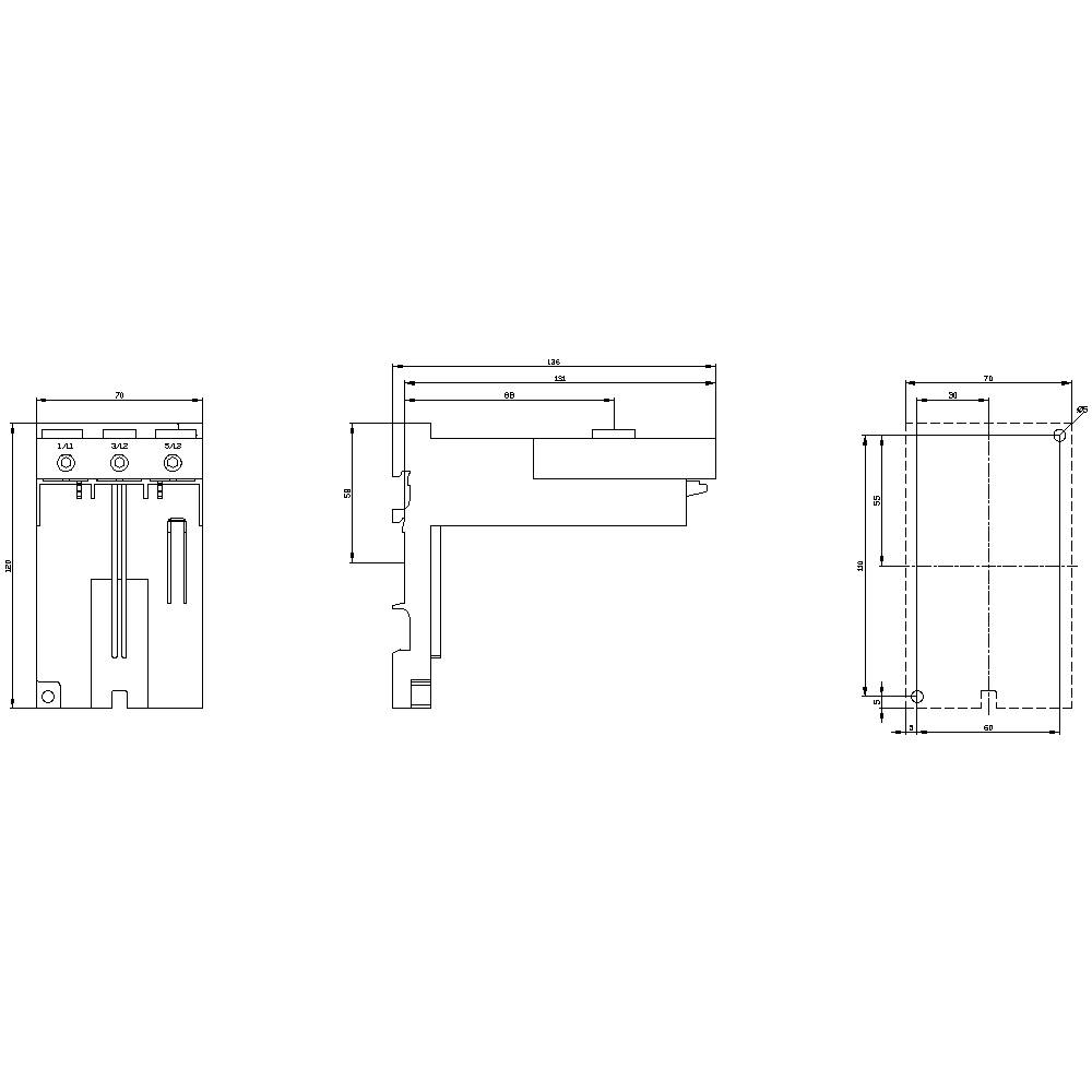 Technical drawing of a mechanical component showing front, side, and top views, each with precise dimensional measurements in millimetres.