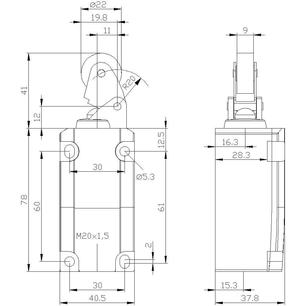 Technical drawing of a mechanical component with dimensions in millimetres, including height, width, and depth specifications.