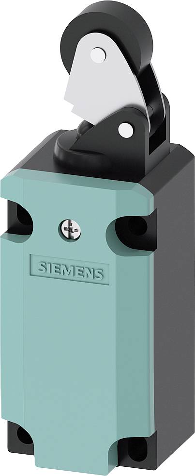 A blue Siemens border switch with a black housing and a rotatable lever.