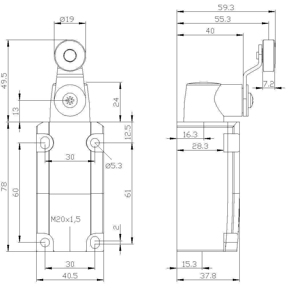 Technical drawing of a mechanical component with dimensions and details in side and front view.
