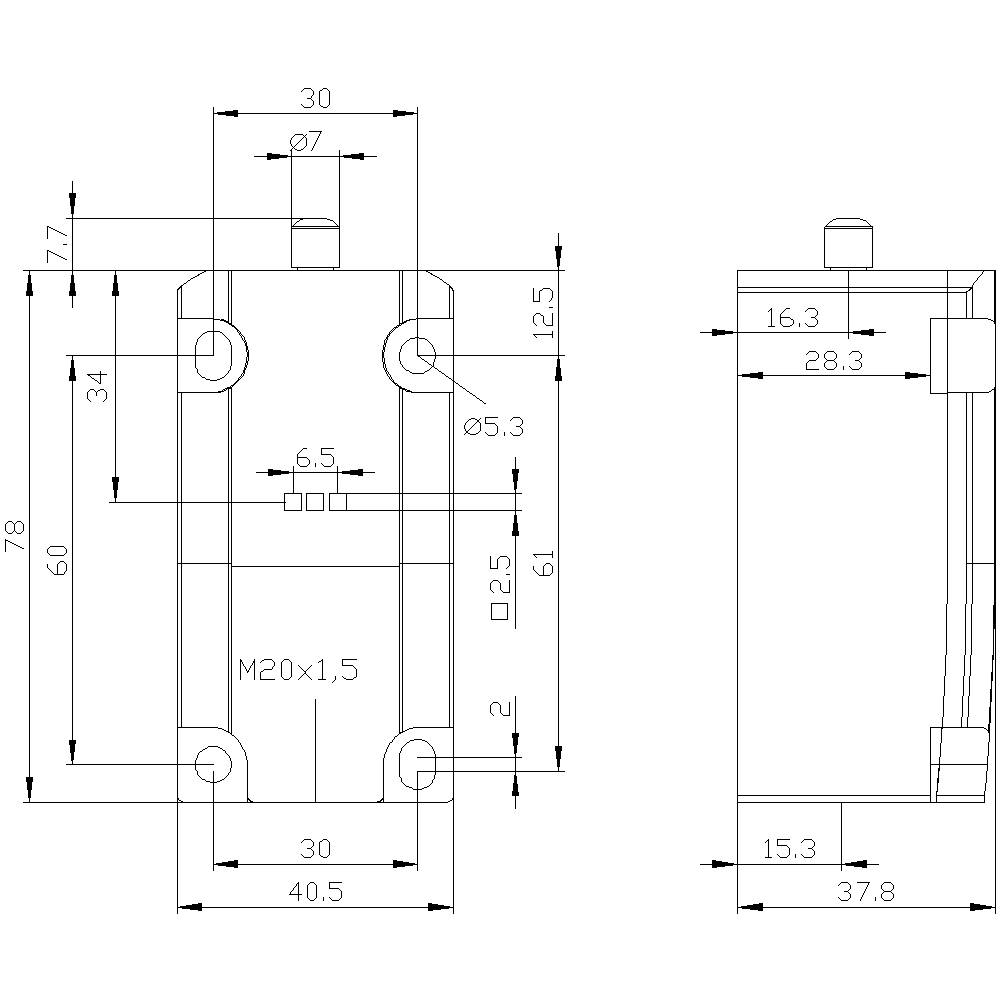 Technical drawing of a component with dimensions. Left: Height 70, Width 40.5, holes marked. Right: Side view with height 37.8, width 15.3.