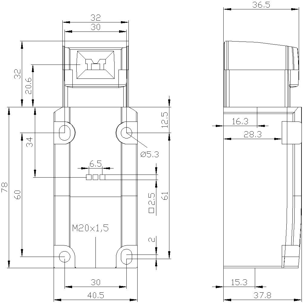 Technical drawing of a rectangular device with precise dimensions: width 32 mm, height 78 mm, M20x1.5 connection, flange with Ø5.3 mm.