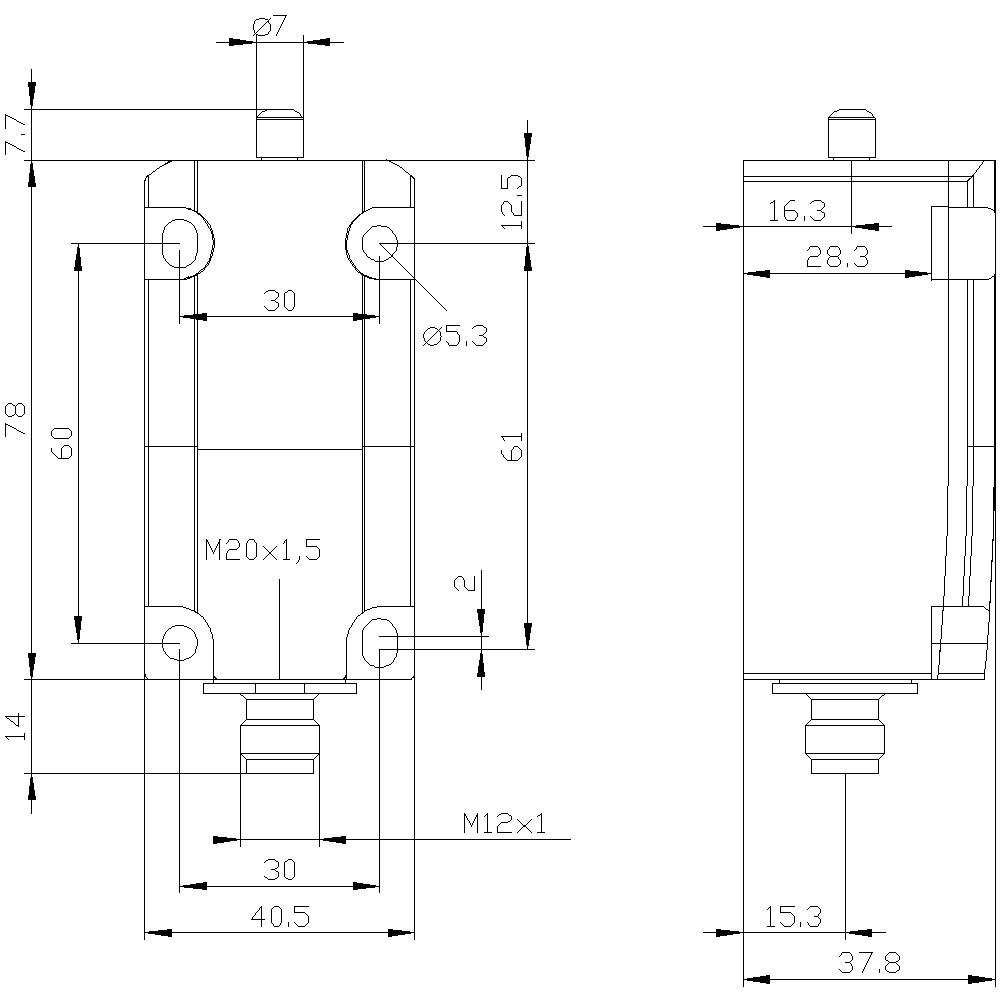 Technical drawing of a cylinder with dimensions: width 40.5 mm, height 78 mm, diameter 7 mm. Contains thread M20x1.5.