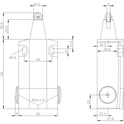 Technical drawing of a cylinder with various views and dimensions. Dimensions include height, width, and diameter.