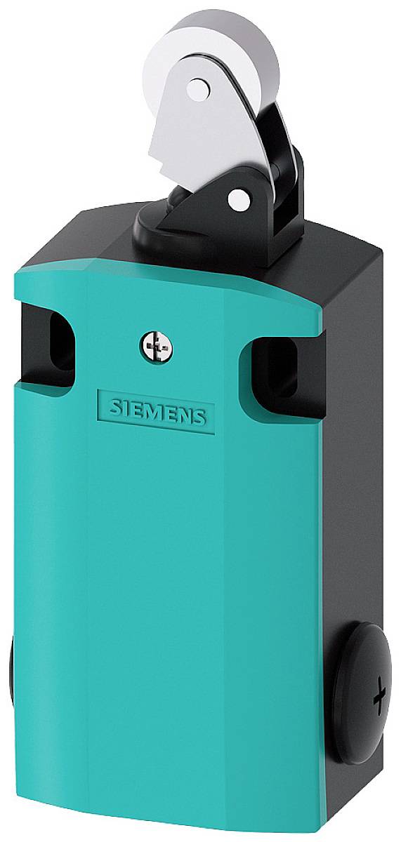 Electric switch with roller lever, angled housing, green body, black and metallic components, Siemens logo.