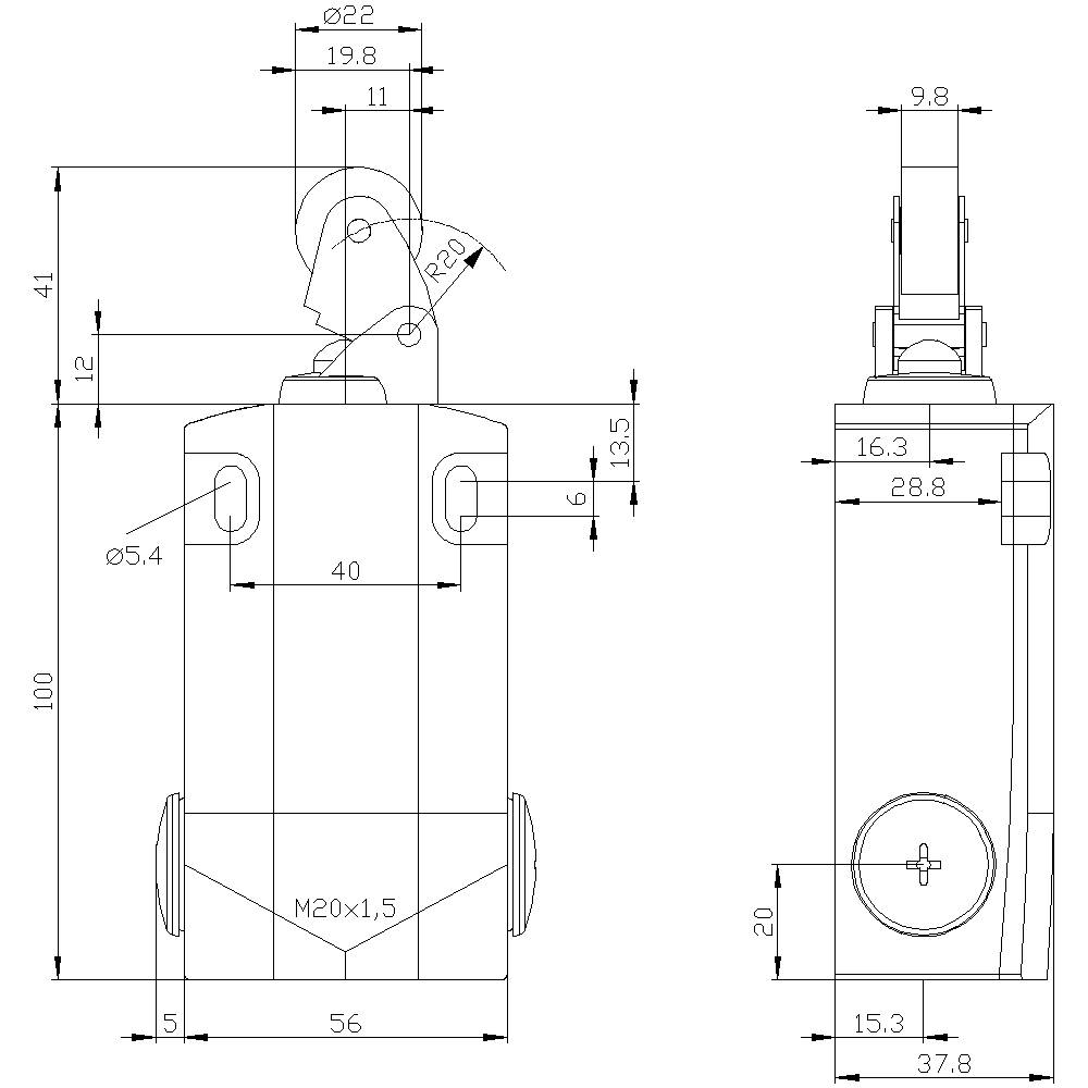 Technical drawing of a mechanical component with dimensions. Front and side views show details such as height, width, and mounting points.