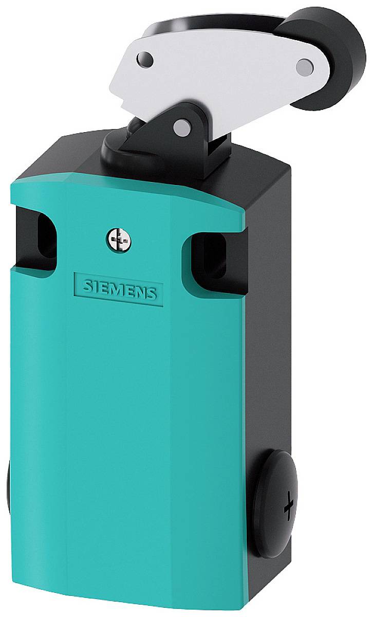 Blue Siemens limit switch with roller lever, used in industrial applications for machine position monitoring.