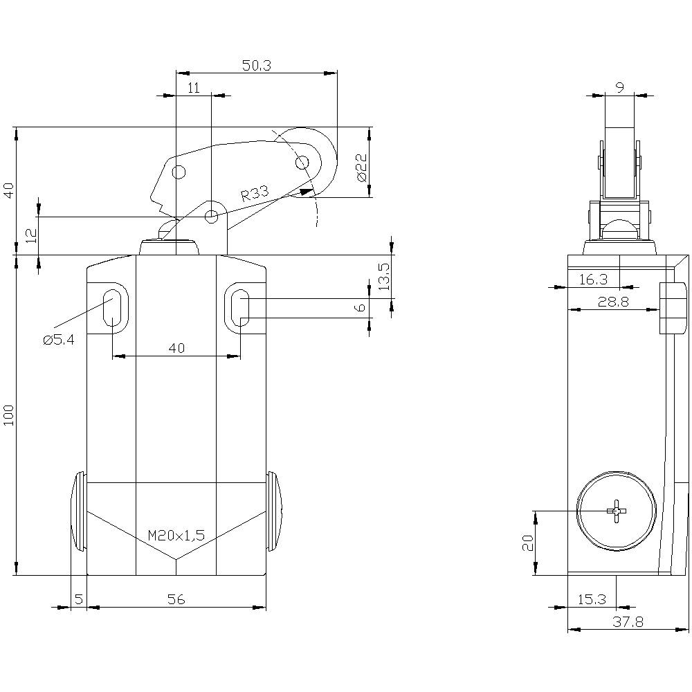 Technical drawing of a mechanical device with dimensions and angles. Main components: cylindrical housing, lever arm and screws.