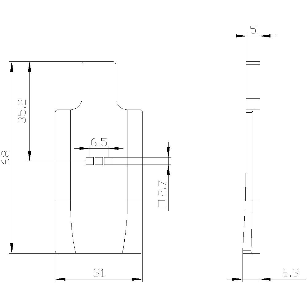 Technical drawing of a bolt with dimensions: Length 68 mm, Width 31 mm, Diameter 6.5 mm and 2.7 mm. Side and front view.