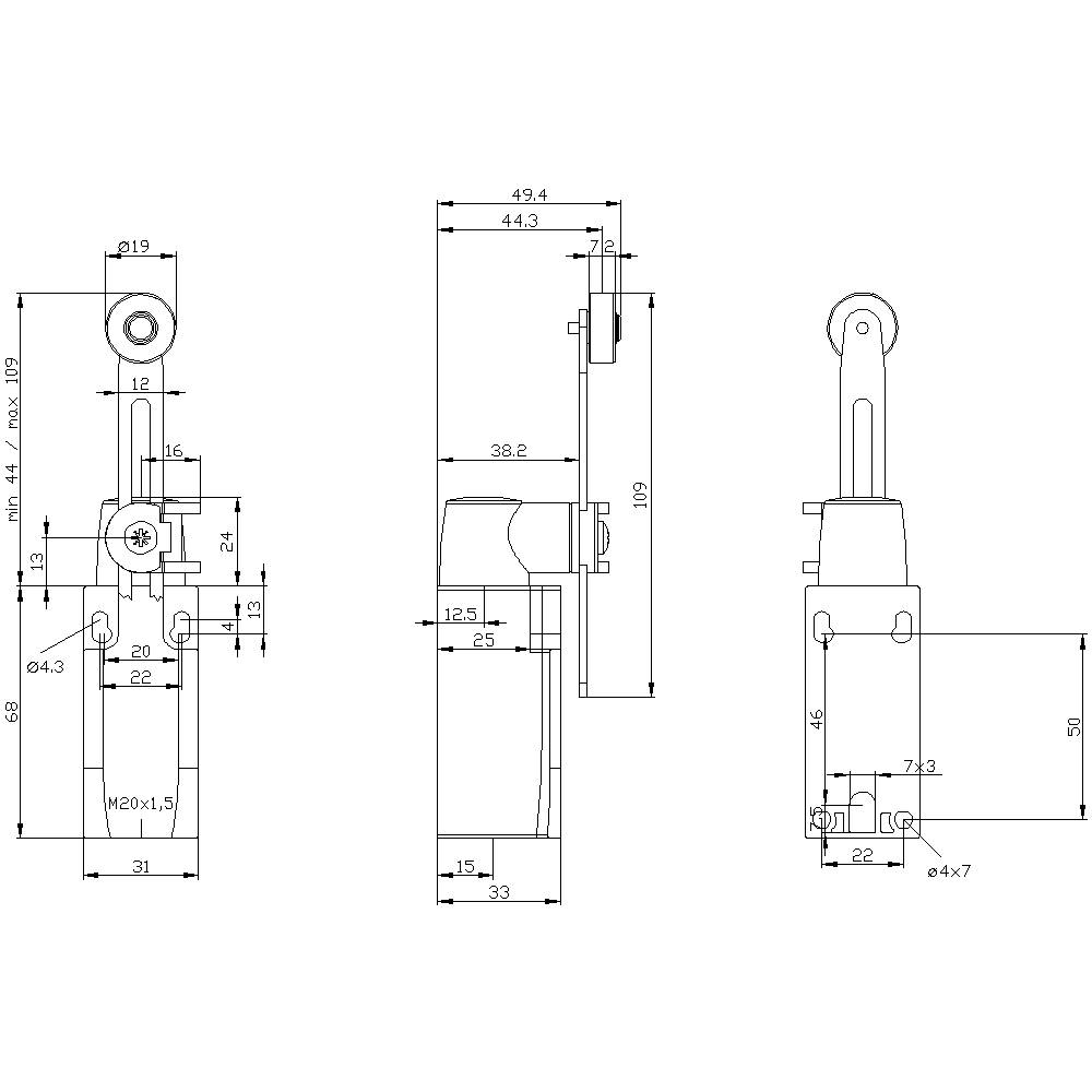 Technical drawing of a component with dimensions in millimetres. Three views: front view, side view, top view.