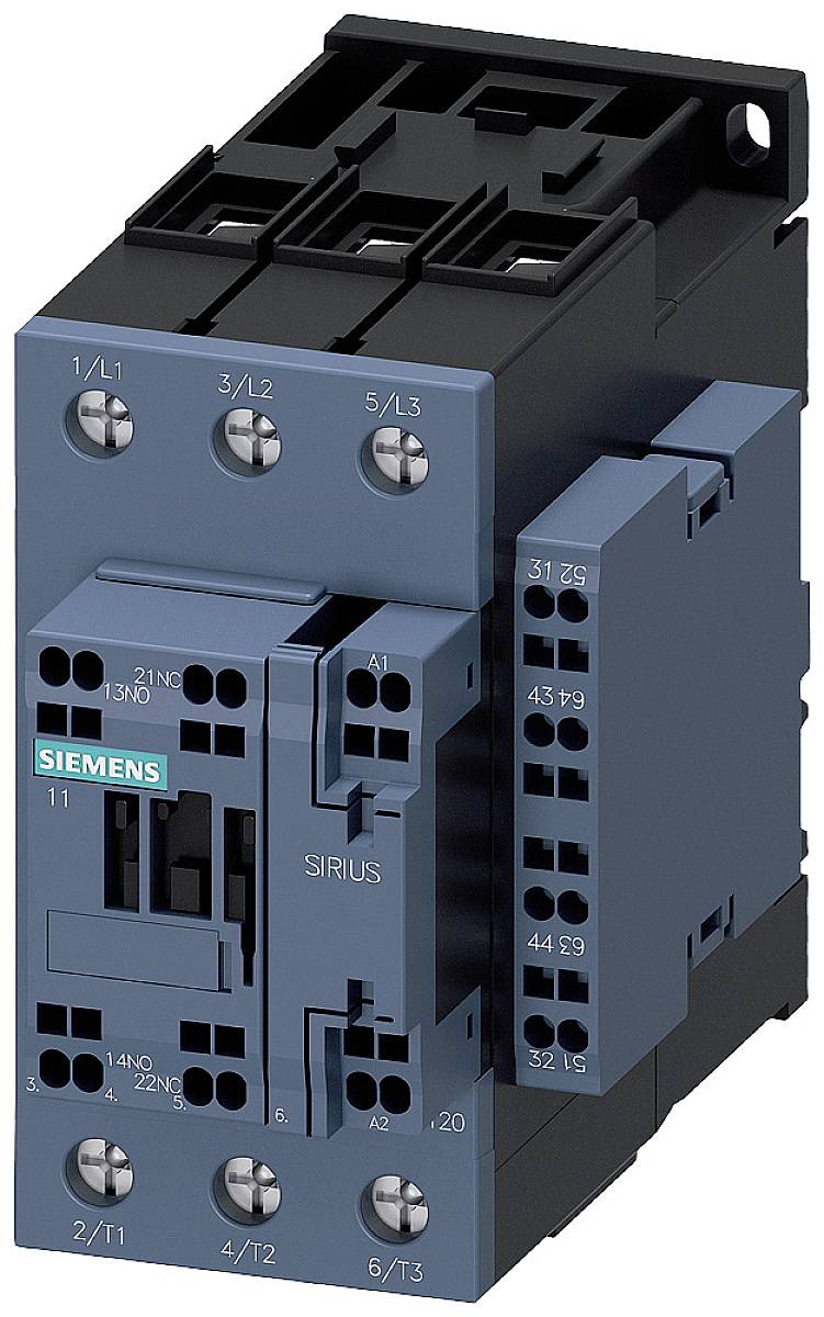'Siemens SIRIUS contactor, model number 3RT2026-1BB40, with blue and black housing colour, suitable for industrial applications.'