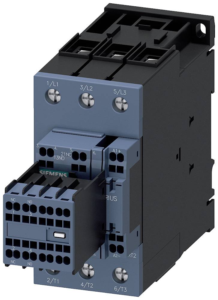 A Siemens electric contactor, Sirius model, in a three-phase configuration with visible connection terminals and control connections.