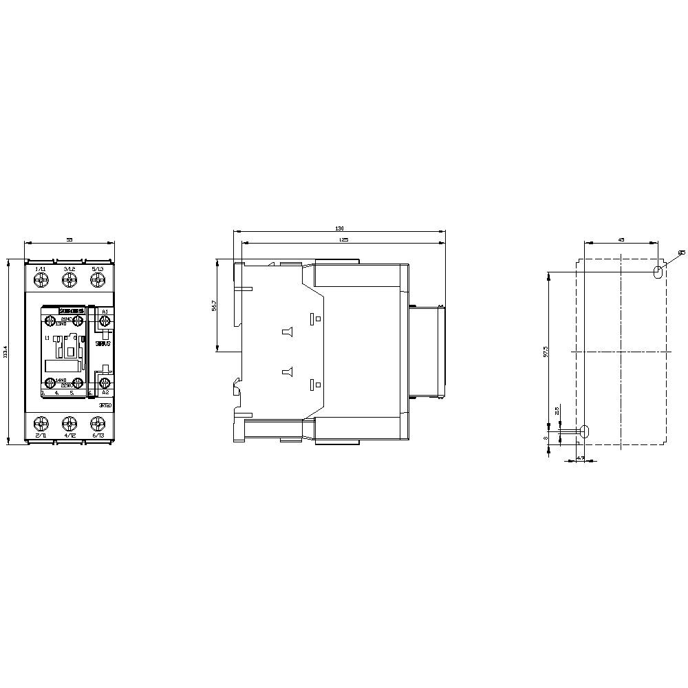 Technical drawing of an electronic component with dimensions: front, side, and top view. Measurements given in millimetres.