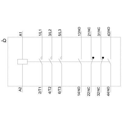 Circuit diagram with contacts and switches. Left: A1 and A2. Right: 1L1, 3L2, 5L3 at the top; 2T1, 4T2, 6T3 at the bottom. NC and NO marked.