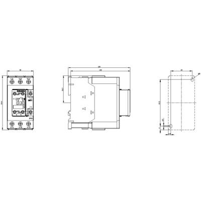 Technical drawing of an electrical relay with front, side, and top views, including dimensions.