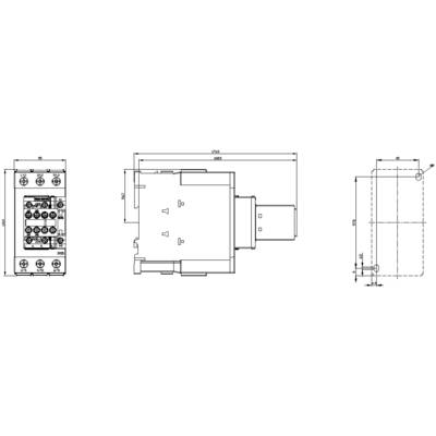 Technical drawing of an electrical component with three views: front, side, and top view. Includes dimensions and connection details.