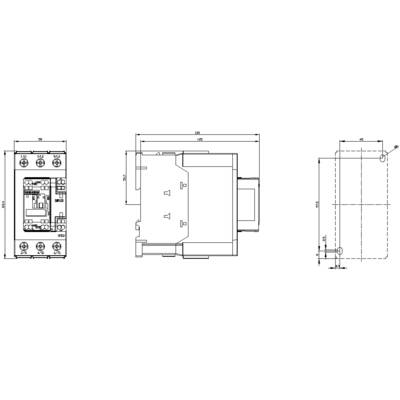 Technical drawing of an electrical component with three views. Dimensions and installation details are provided.