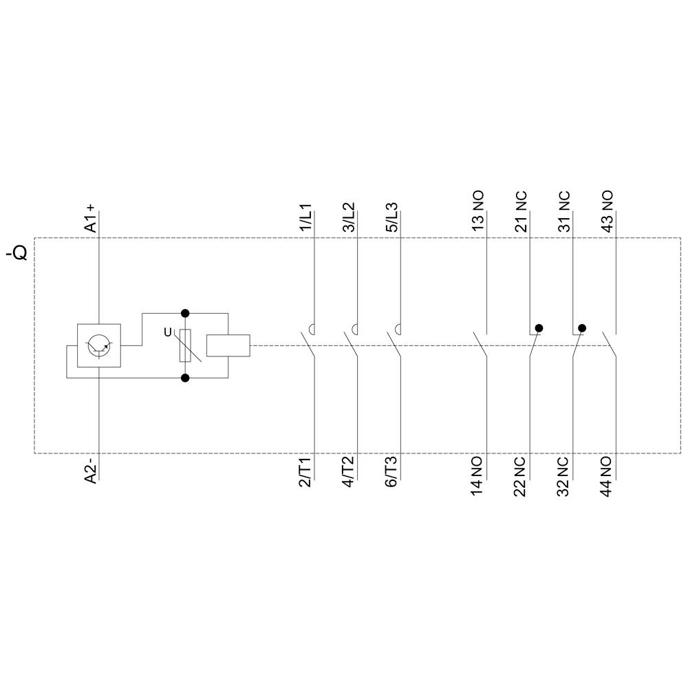 Electrical circuit diagram with connection and switching points, marked as 1L1, 2T1, 4/IT2, flow from A1+ to A2-.