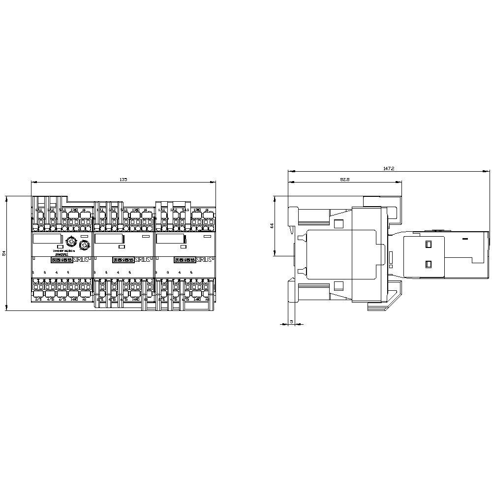 Drawing of a multi-pole electrical connector with dimensions. Left: Front view with detailed markings. Right: Side view.