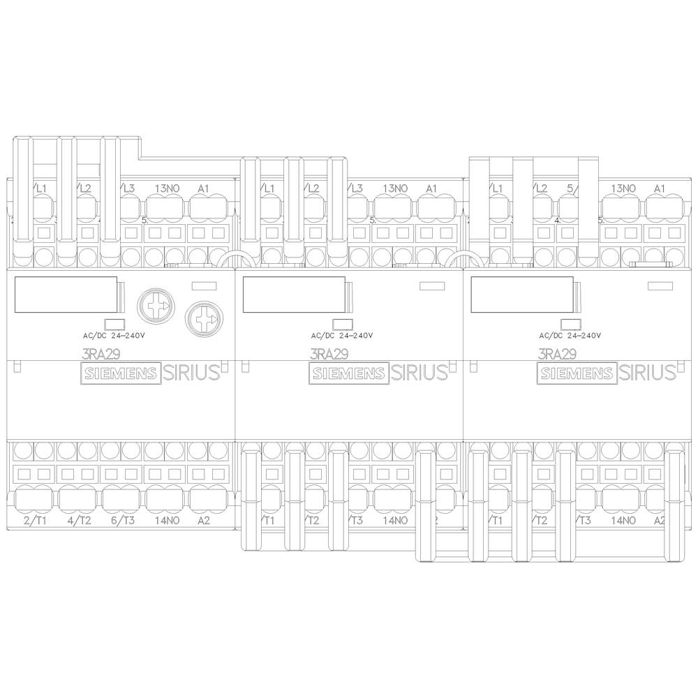 Diagram of three electrical switching devices side by side, each labelled '3RA29', from the brand 'Siemens'.
