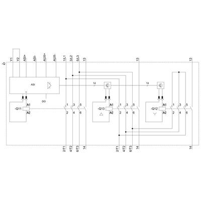 'Circuit diagram for an industrial control system with ASI module and relay. Connection lines show the signal flow between components.'