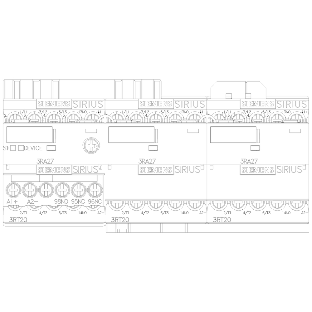'Technical drawing of Siemens SIRIUS devices, showing three-phase contactors with upper and lower terminals and part numbers.'