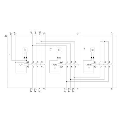 Circuit diagram of an electrical system with three main components: Q11, Q12 and Q13. Arrows show connections between the elements.