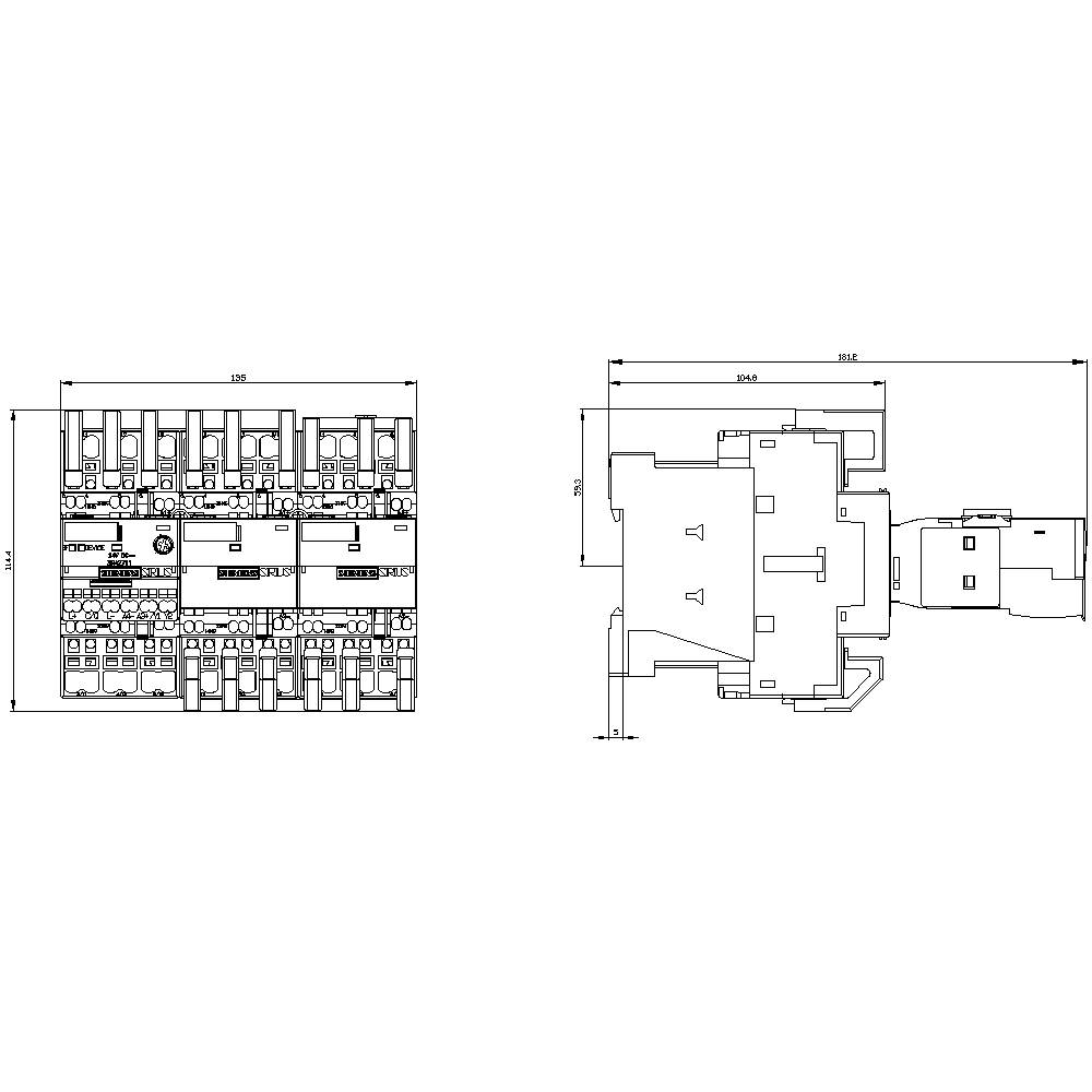 Technical drawing of an electrical component showing front and side views, indicating dimensions and structure for assembly planning.