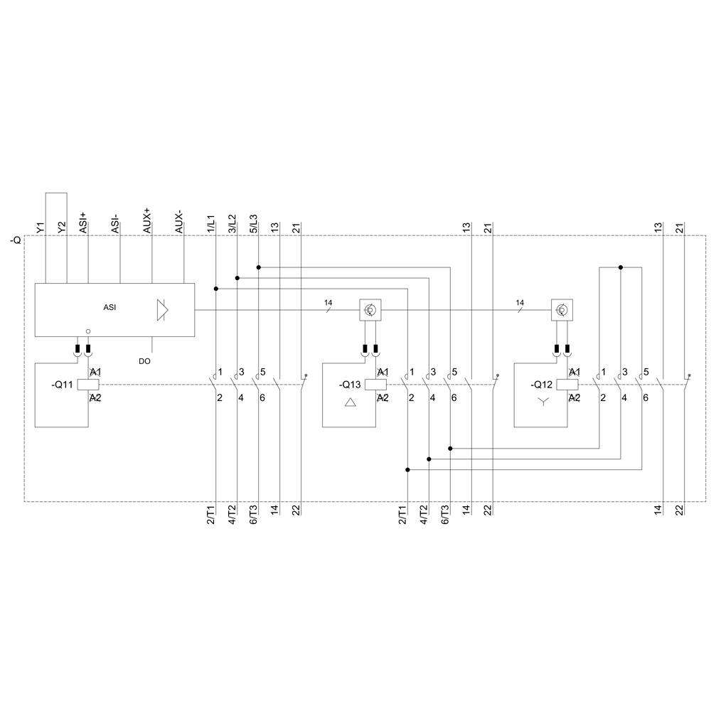 'Electrical circuit diagram shows signal flow and connection points between various components such as -Q11, -Q12, -Q13.'