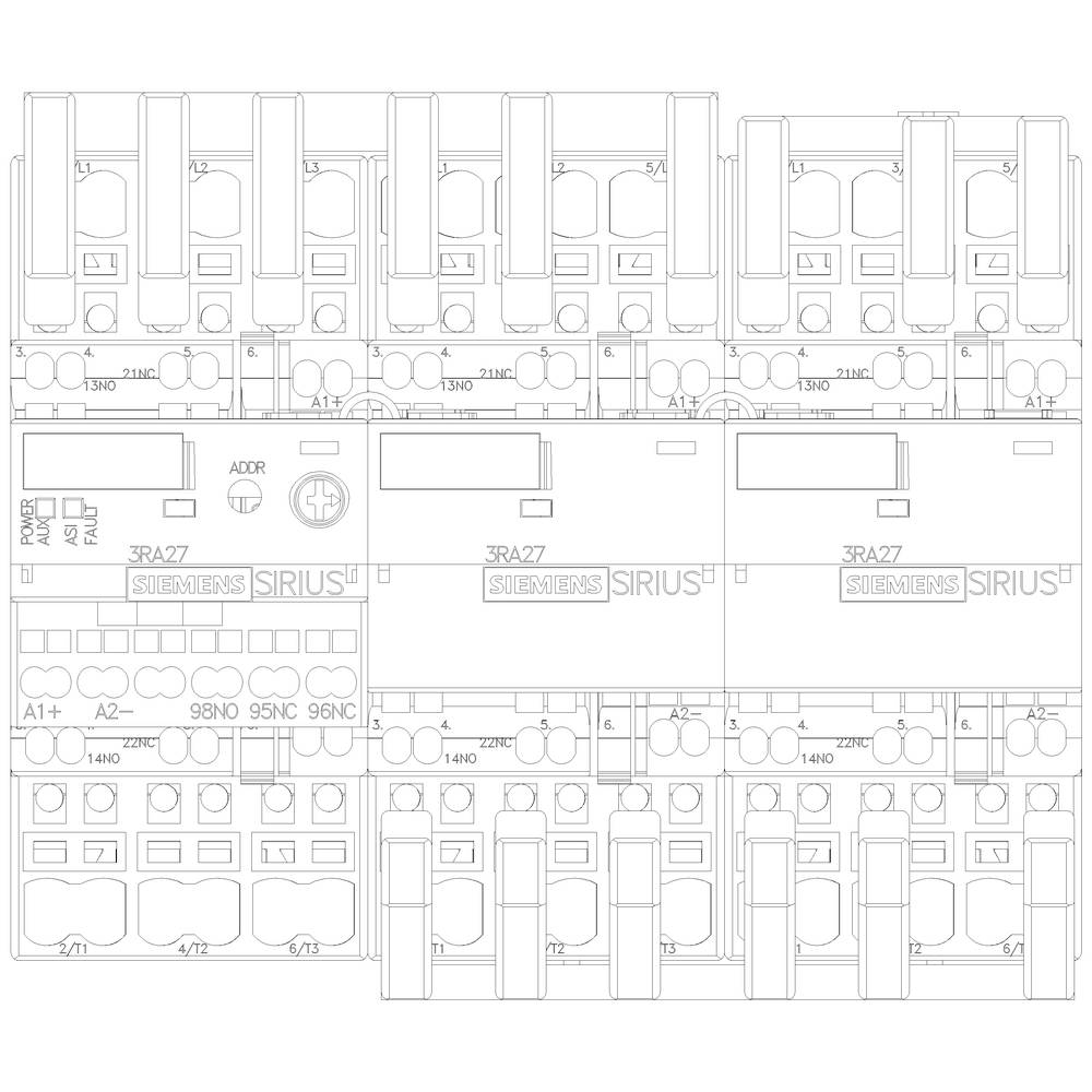 Technical drawing of Siemens SIRIUS 3RA27-6A. Shows front view with connection and control elements, no colour settings visible.