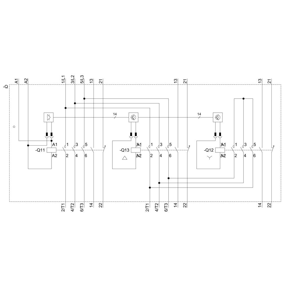 Circuit diagram shows an electrical circuit diagram with three relays (-Q11, -Q12, -Q13), multiple connections and terminals.