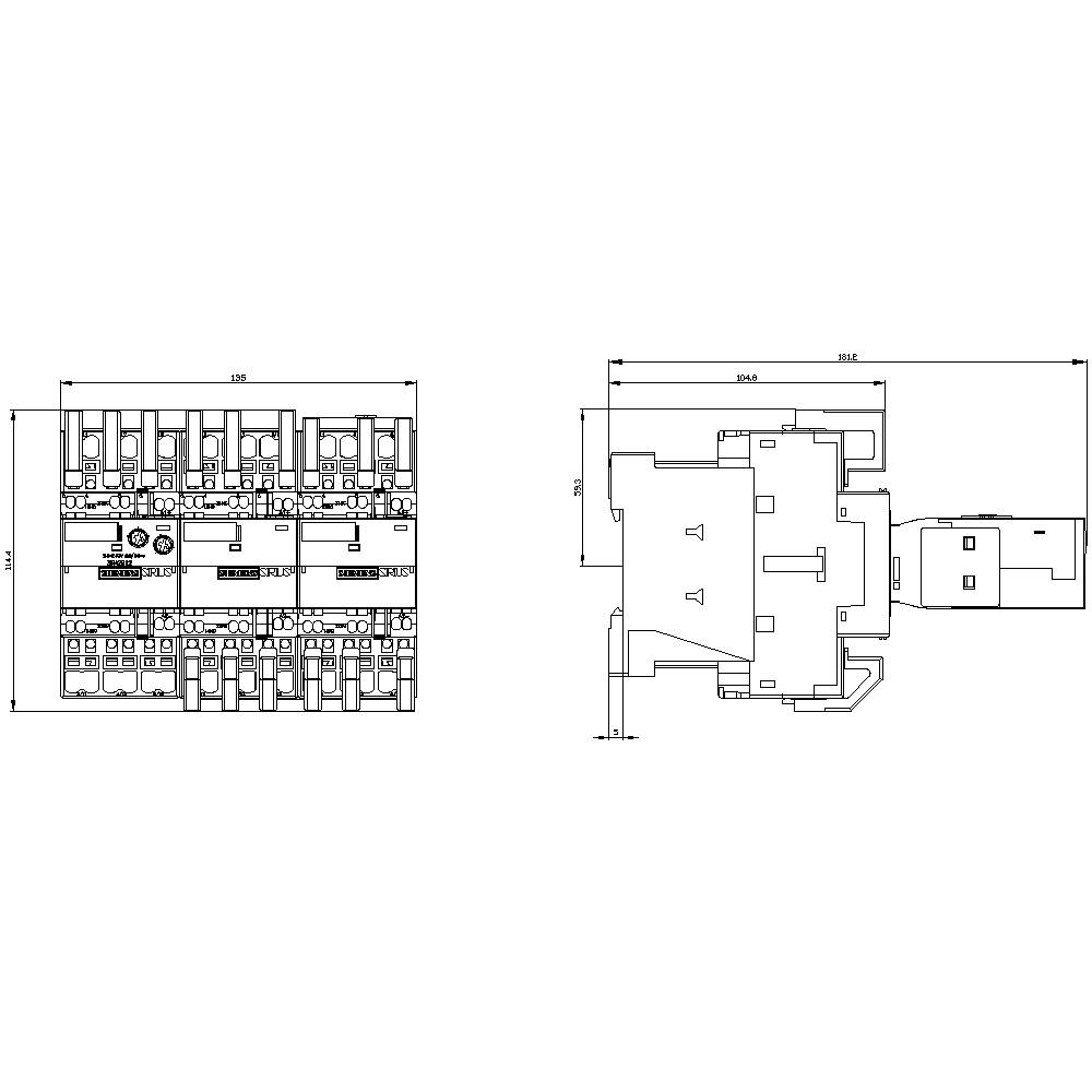 Technical drawing of an electrical switch; front and side view with detailed dimensions and connection details.