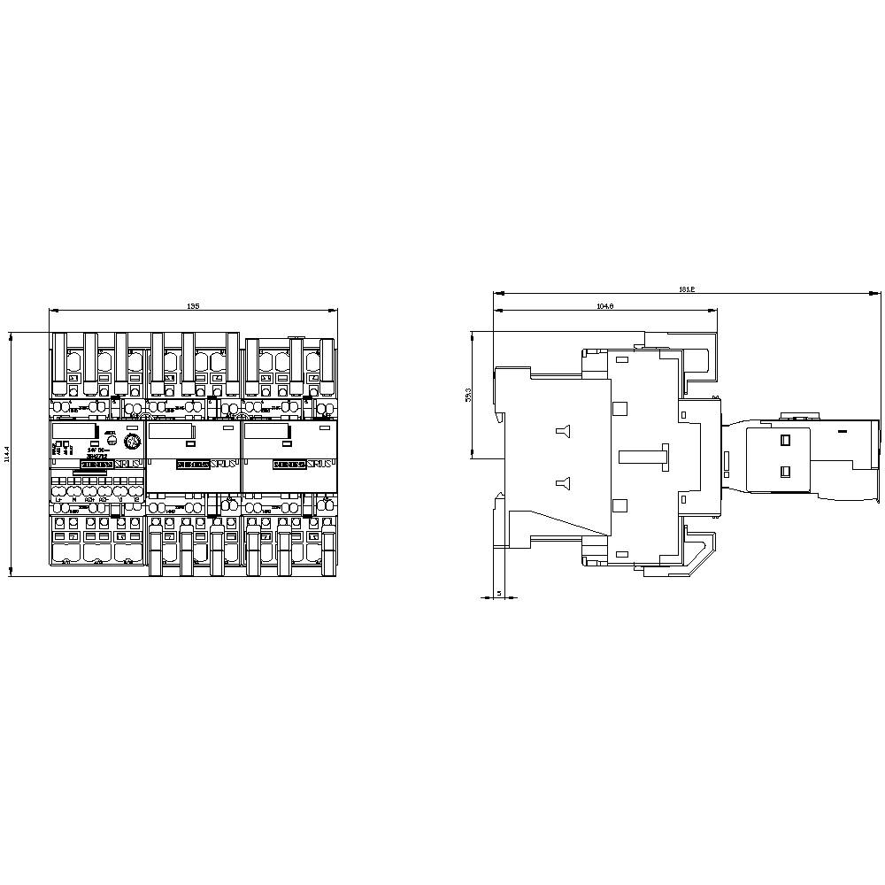 Technical drawing of an electrical switch with two views. Dimensions and components are labelled. Main view and side view shown.