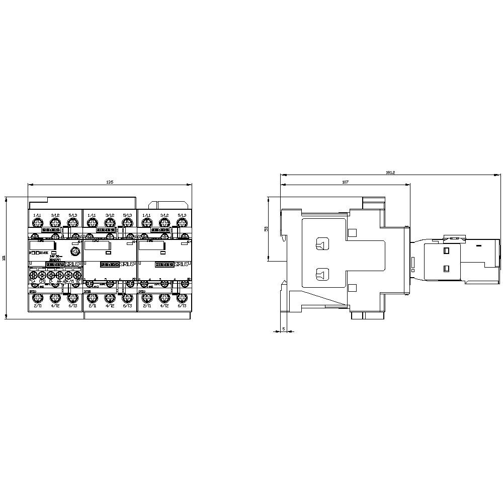 Technical drawing of an electrical component with two views, front and side view. Dimensions and connection areas are indicated.