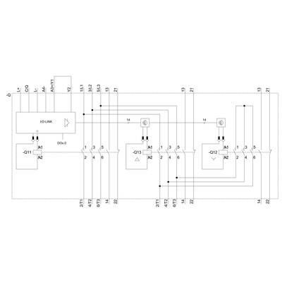 Circuit diagram of an IO-Link system with two controllers and multiple connections. Connections illustrate the signal flows between components.