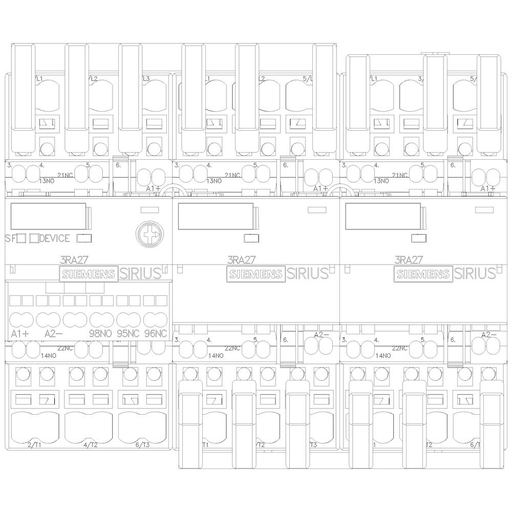 Technical drawing of a switching unit with multiple circuits and marked connections. Siemens products are visible at the top.