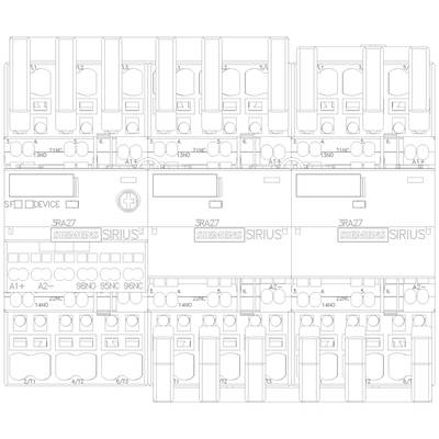 Technical drawing of a switching unit with multiple circuits and marked connections. Siemens products are visible at the top.
