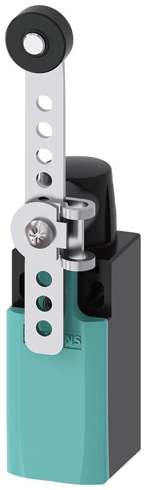 A safety switch with a green housing and an adjustable lever arm. The lever has multiple holes for position adjustment.